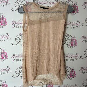 BCBGMaxAzria tank top Tan Asymmetrical Ruched Sleeveless Blouse Lacie lace beige